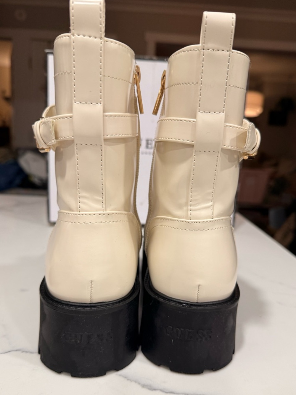 GUESS Cream Combat Boot with Black Lug Sole and Gold Logo Cuff - Picture 5 of 10